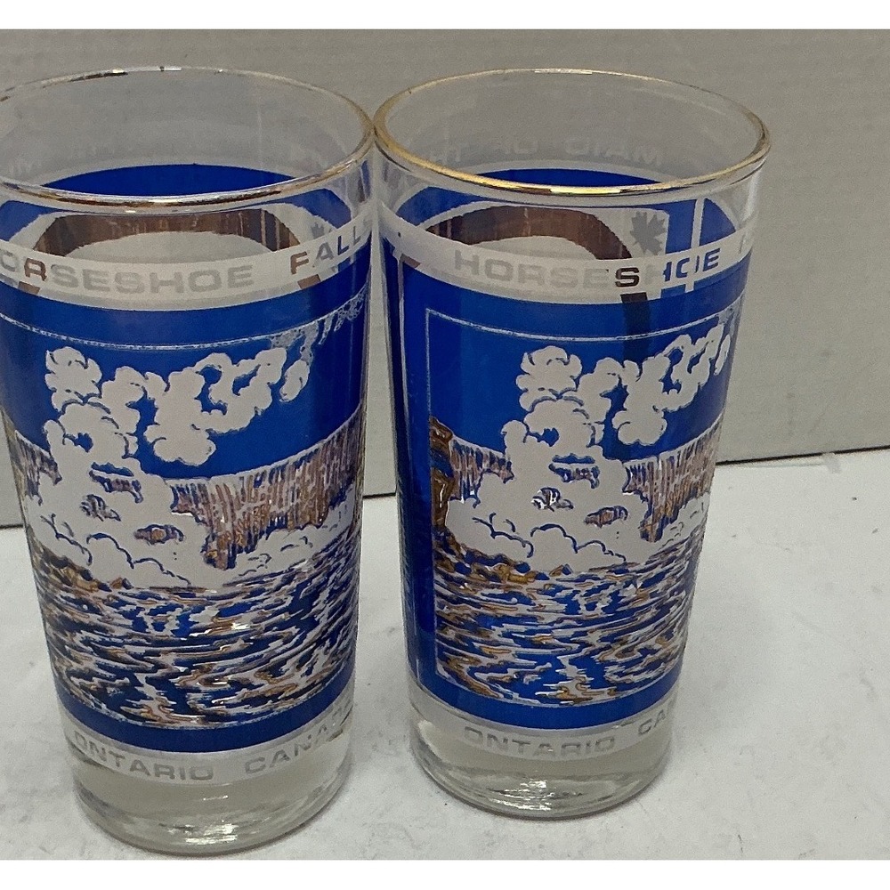 Vintage Niagara Falls Souvenir Glasses Maid of the Mist Blue Gold Set